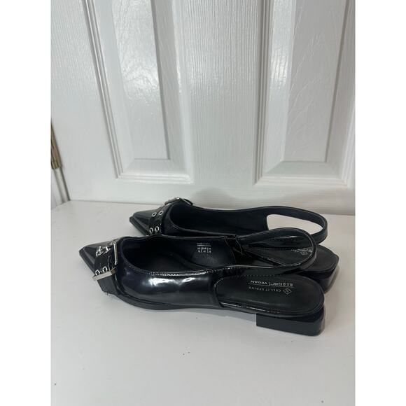 Call It Spring by Aldo Natallya Slingback Flats Black Silver Buckle Moto Sz 10 - Picture 4 of 6